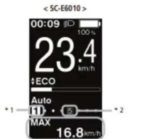 < SC-E6010 > 00:09 100% 23.4 km/h + ECO Auto (1) · 5 MAX 16.8 km/h * 1 * 2