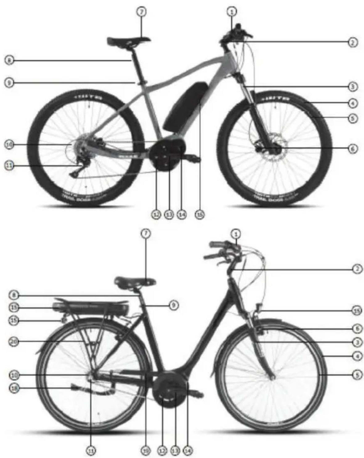 Diagram of a bicycle with numbered parts for identification and labeling, including front and side views.