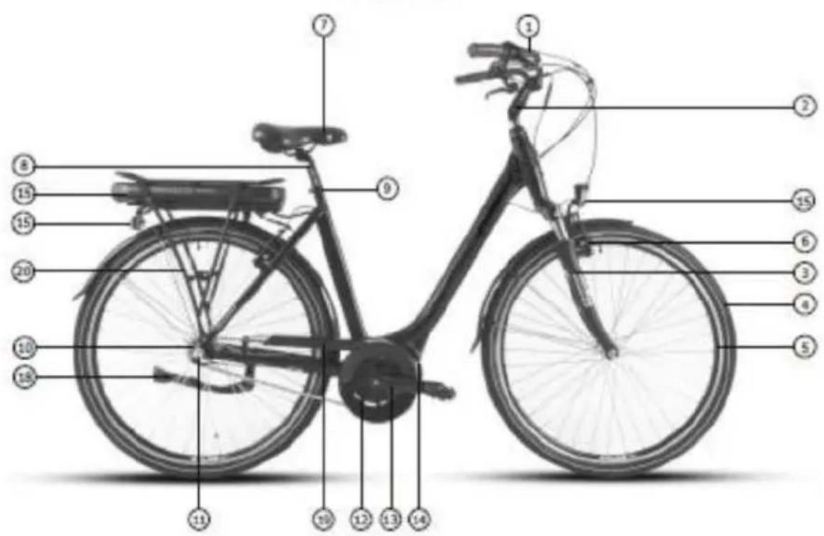 Labeled diagram of a bicycle with numbered parts for identification