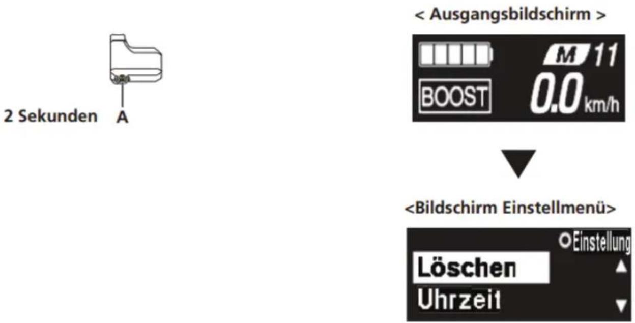 2 Sekunden A < Ausgangsbildschirm > M 11 BOOST 0.0 km/h Löschen Uhrzeit Einstellung