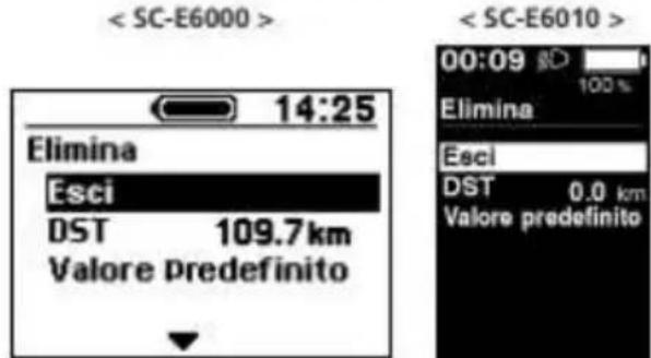 < SC-E6000 > 14:25 Elimina Esci DST 109.7km Valore Predefinito < SC-E6010 > 00:09 8D 100 % Elimina Esci DST 0.0 km Valore predefinito