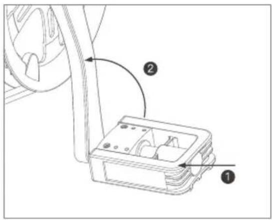 Technical diagram showing a device with labeled parts and directional arrows indicating motion or assembly.