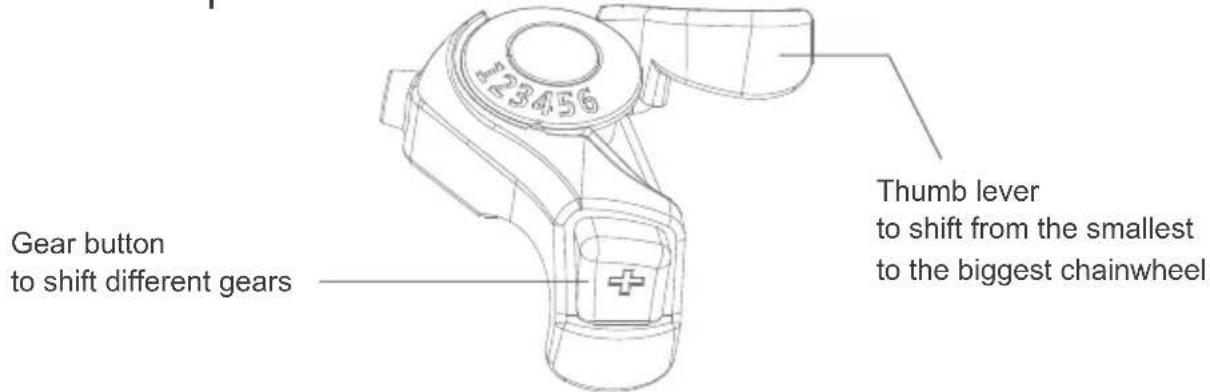 Gear button to shift different gears 3456 Thumb lever to shift from the smallest to the biggest chainwheel