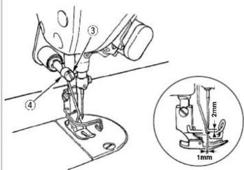 Technical diagram of a sewing machine with numbered parts and an inset magnified view showing measurement dimensions.
