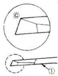 Technical diagram showing two views of a mechanical component with labeled parts (① and ②)