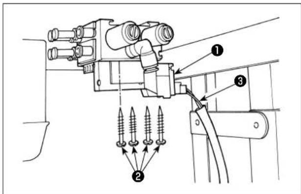 Technical diagram of a mechanical assembly with numbered components and screw installation instructions