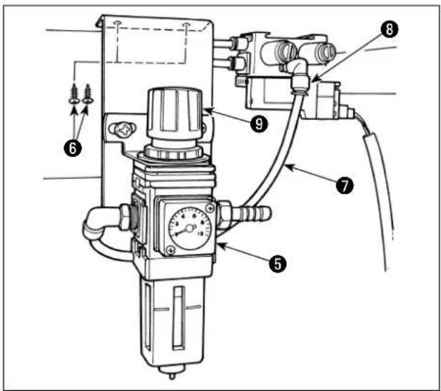 Technical diagram of a mechanical air filter or pressure regulator with numbered components and directional arrows indicating flow or movement.