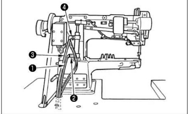 Technical diagram of a sewing machine with numbered components and labeled parts