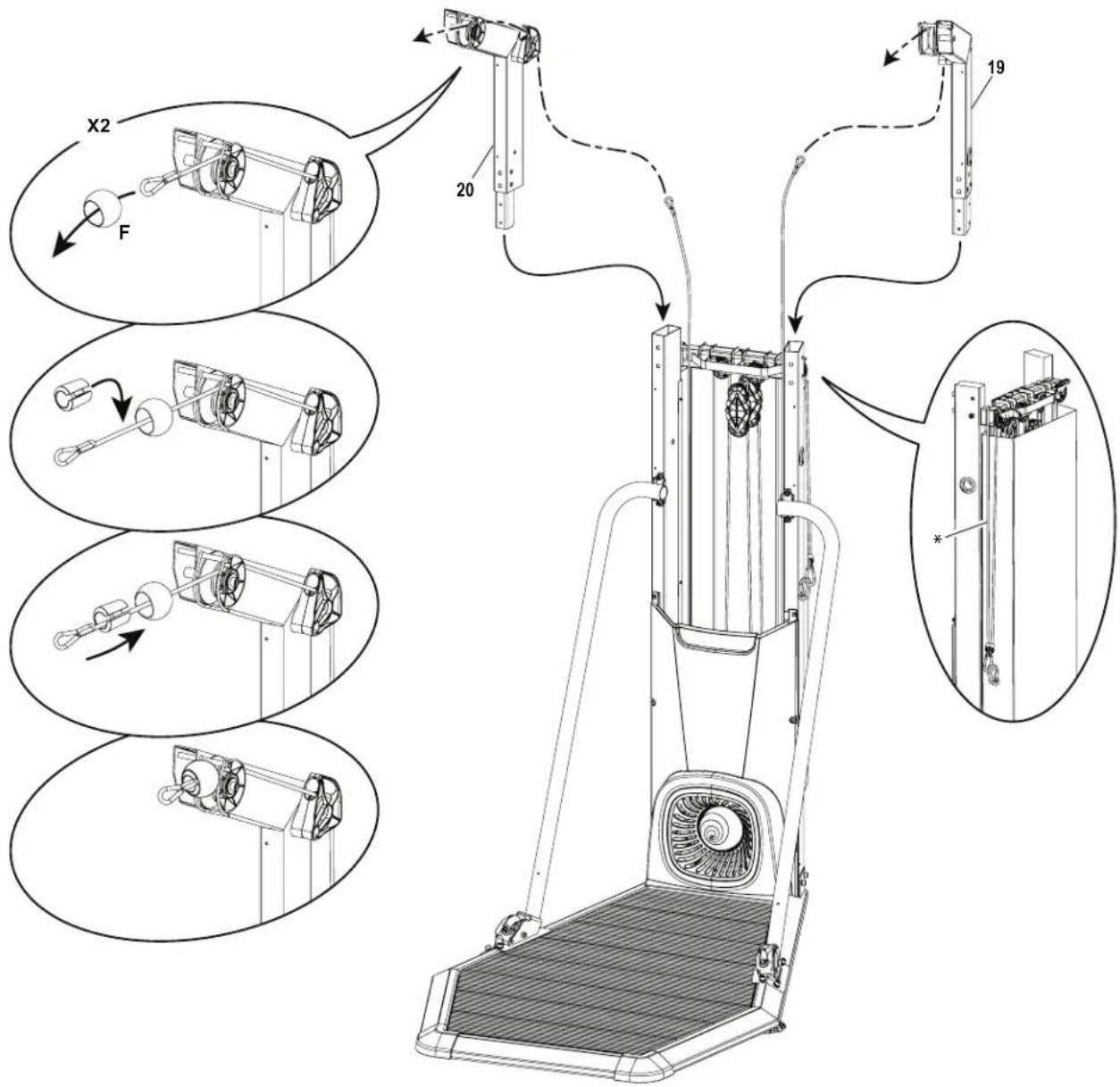 BOWFLEX SelectTech 560 - 断开绳索, 并将前部绳索 (\*) 穿过上部滑轮臂, 然后插入车架装置 - 1