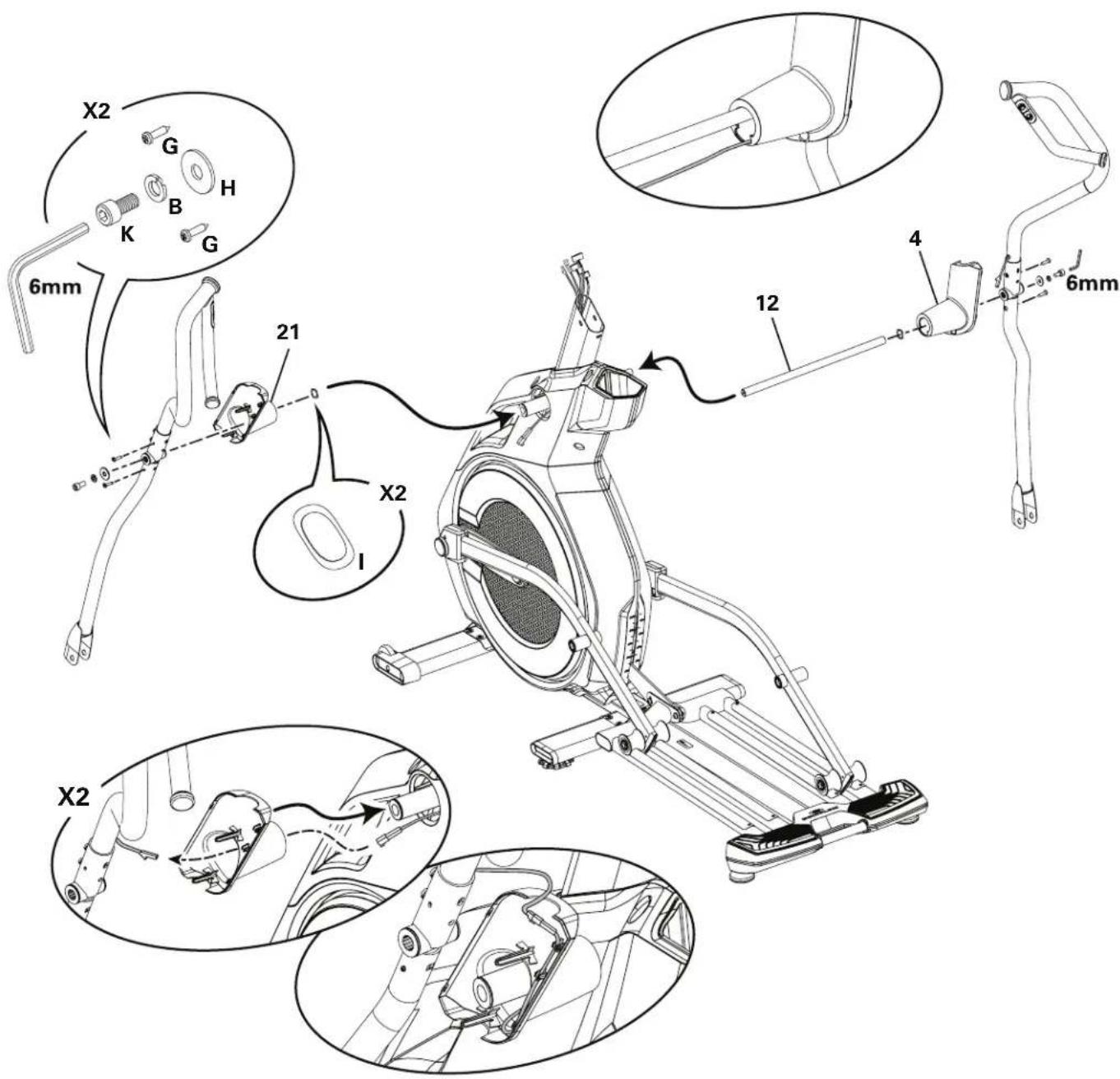 BOWFLEX BXE326 - Insérez la barre du pivot, arrimez les caches du pivot intérieur et les bras des poignées, puis connectez les câbles. - 2