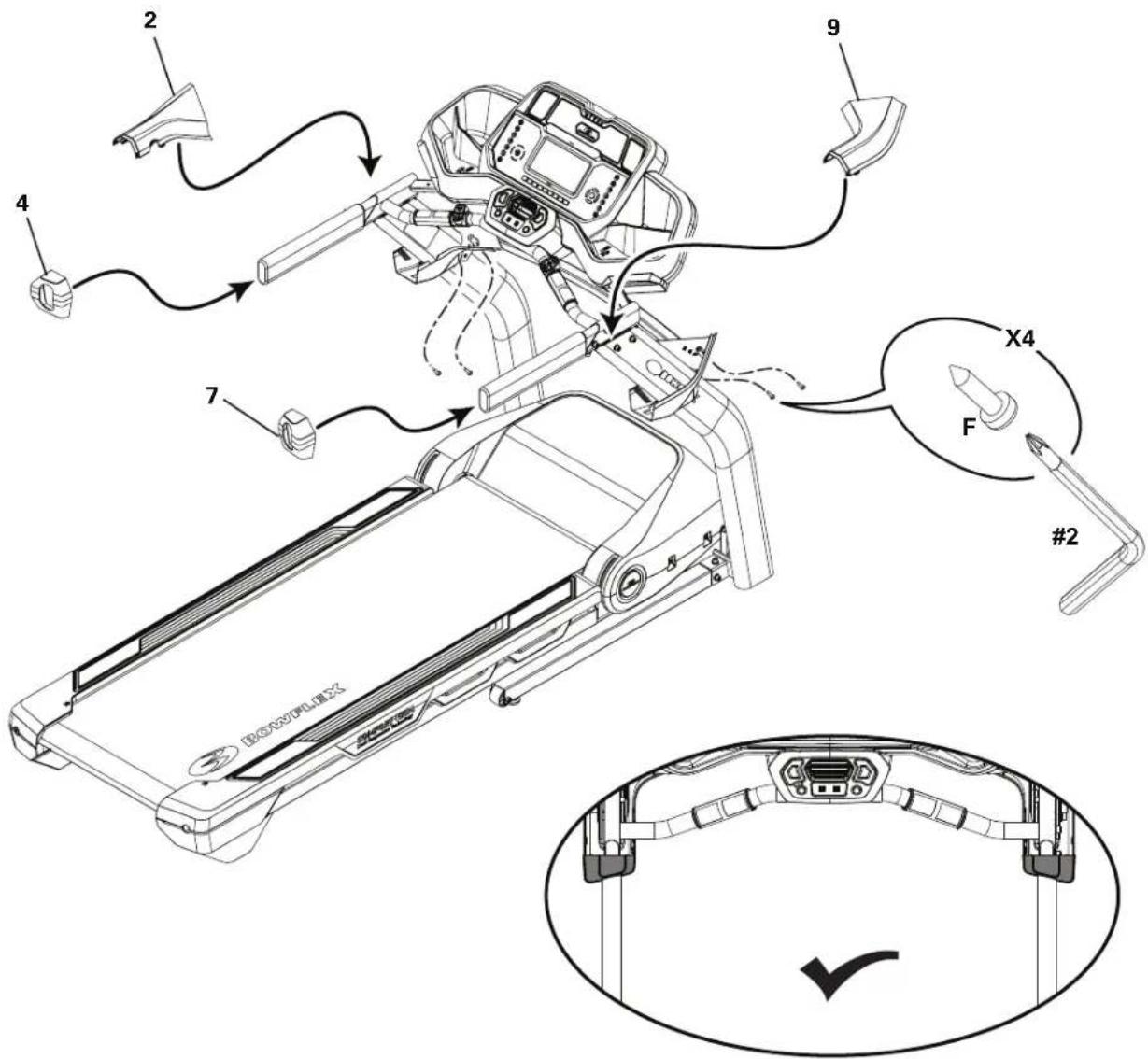BOWFLEX BXT128 - Arrimez au chassis les caches des jonctions supérieure, fixer les embouts des caches des jonctions et inférieure à l'aide de la visserie - 1