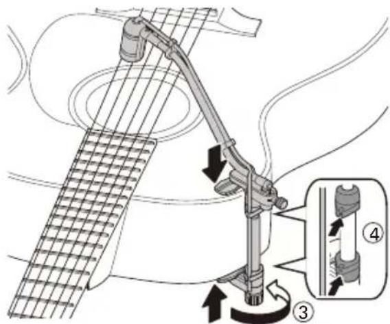 Diagram illustrating guitar seatbelt mechanism with labeled parts and directional arrows