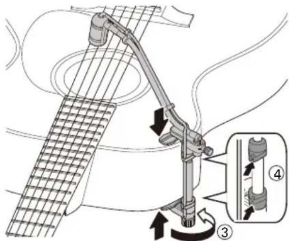 Diagram illustrating guitar seatbelt mechanism with labeled parts and directional arrows
