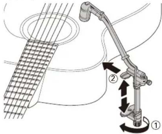 Diagram illustrating guitar mode and playback mechanism with labeled parts ①, ②, and directional arrows indicating movement.