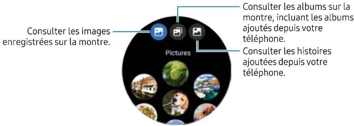 Consulter les images enregistrées sur la montre. Pictures Consulter les albums sur la montre, incluant les albums ajoutés depuis votre téléphone. Consulter les histoires ajoutées depuis votre téléphone.