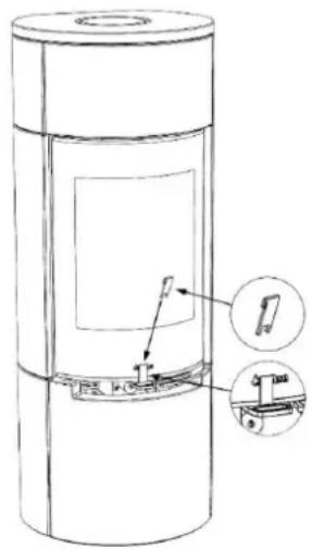 Technical diagram of a cylindrical device with labeled components and two circular inset views showing internal parts.