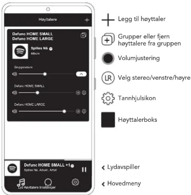 Høyttalere Defunc HOME SMALL Defunc HOME LARGE Spilles NA Album Gruppovolum Defunc HOME SMALL Defunc HOME LARGE Legg til høyttaler Grupper eller fjern høyttalere fra gruppen Volumjustering LR Velg stereo/venstre/høyre Tannhjulsikon Høyttalerboks Defunc HOME SMALL +1 Spilles Ne, Album, Amet Lyd Høyttalere Imstlinger Lydavspiller Hovedmeny