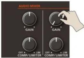 AUDIO MIXER GAIN GAIN OFF • + LIM COMP/LIMITER OFF • + LIM COMP/LIMITER