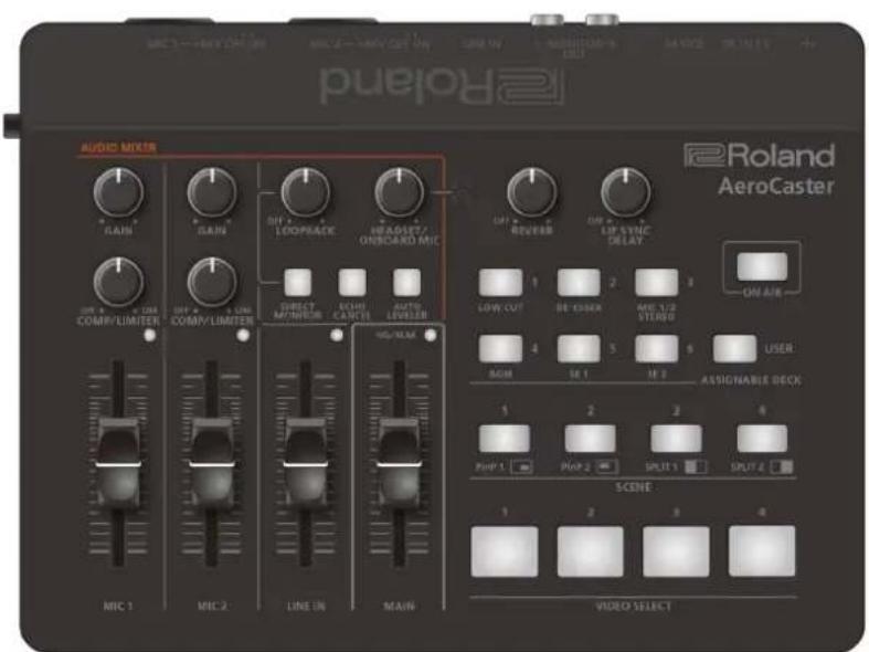 Roland AUDIO MIXER Roland AeroCaster OFF 1 BAN BAN OFF 2 LOOPBACK HEADLET/ ONBOARD MIC OFF 3 REVERB OFF 4 LIP SYNC DELAY ON AIR LOW CUT BE ESSER MIC 1/2 STUDIO USER ASSIGNABLE DECK AUX SCHN PUBP 1 PUBP 2 SPLIT 1 SPLIT 2 SCENE VIDEO SELECT MIC 1 MIC 2 LINE IN MAIN