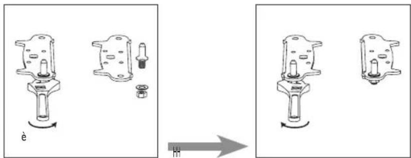 Technical diagram showing mechanical assembly before and after rotation, with labeled components and directional arrow