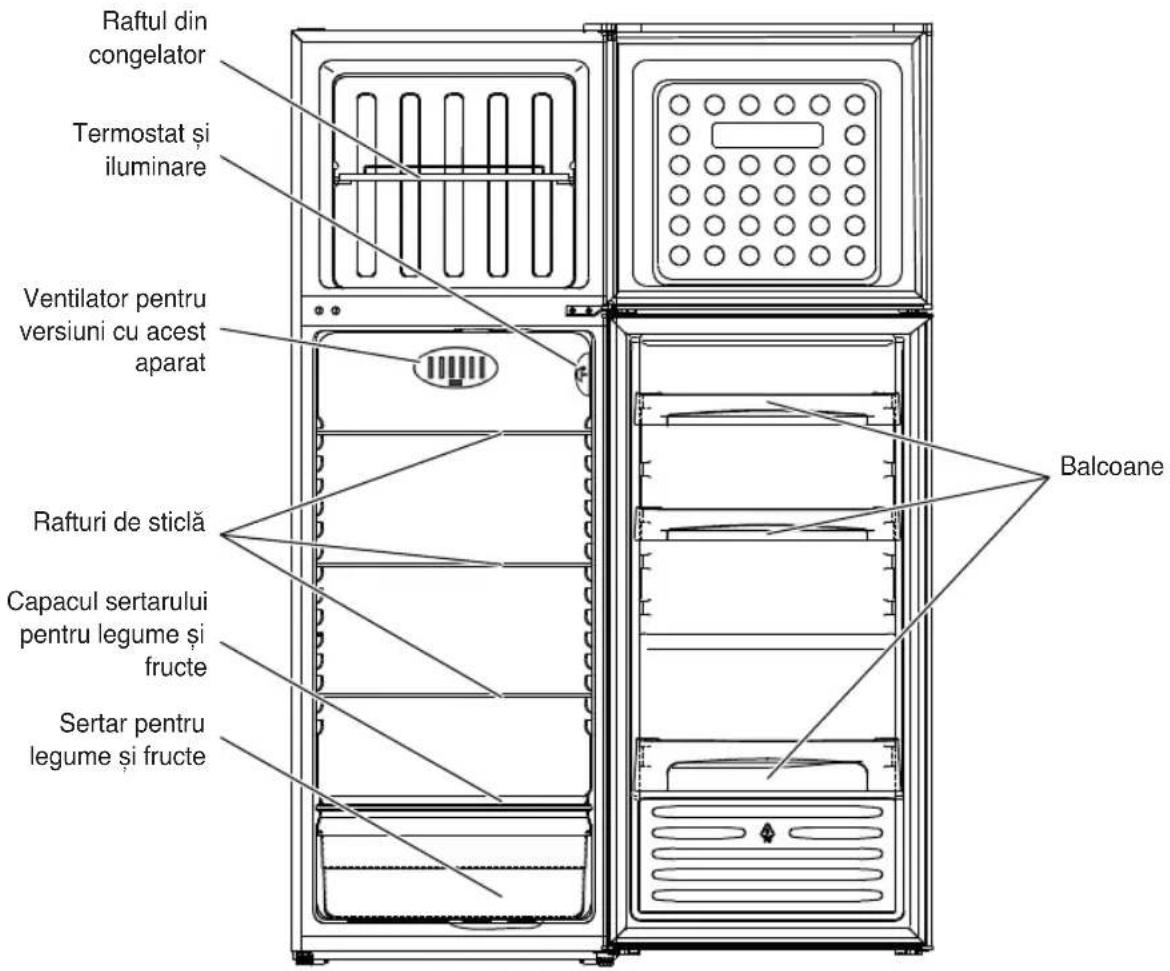 Raftul din congelator Termostat și iluminare Ventilator pentru versiuni cu acest aparat Rafturi de sticlă Capacul sertarului pentru legume și fructe Sertar pentru legume și fructe Balcoane