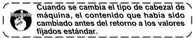 Cuando se cambia el tipo de cabezal de máquina, el contenido que había sido cambiado antes del retorno a los valores fijados estándar.