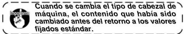 Cuando se cambia el tipo de cabezal de máquina, el contenido que había sido cambiado antes del retorno a los valores fijados estándar.