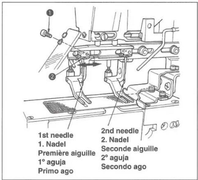 JUKI MOL254 - Changing the space between the needles / Verstellen des Nadelabstands / Changement de l'écartement des aiguilles / Modo dechangiar el espacio entre agujas / Modifica dello spazio tra gli aghi - 1