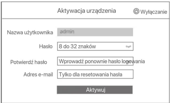 Aktywacja urządzenia ⏻ Wyłączanie Nazwa użytkownika admin Hasło 8 do 32 znaków Potwierdź hasło Wprowadź ponownie hasło logowania Adres e-mail Tylko dla resetowania hasta Aktywuj