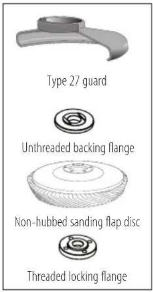 Type 27 guard Unthreaded backing flange Non-hubbed sanding flap disc Threaded locking flange