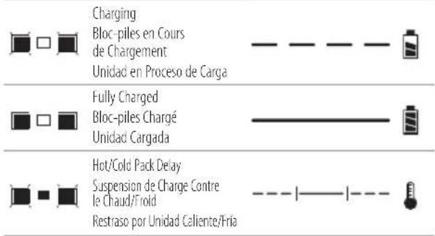 Charging Bloc-piles en Cours de Chargement Unidad en Proceso de Carga Fully Charged Bloc-piles Chargé Unidad Cargada Hot/Cold Pack Delay Suspension de Charge Contre le Chaud/Froid Restraso por Unidad Caliente/Fria