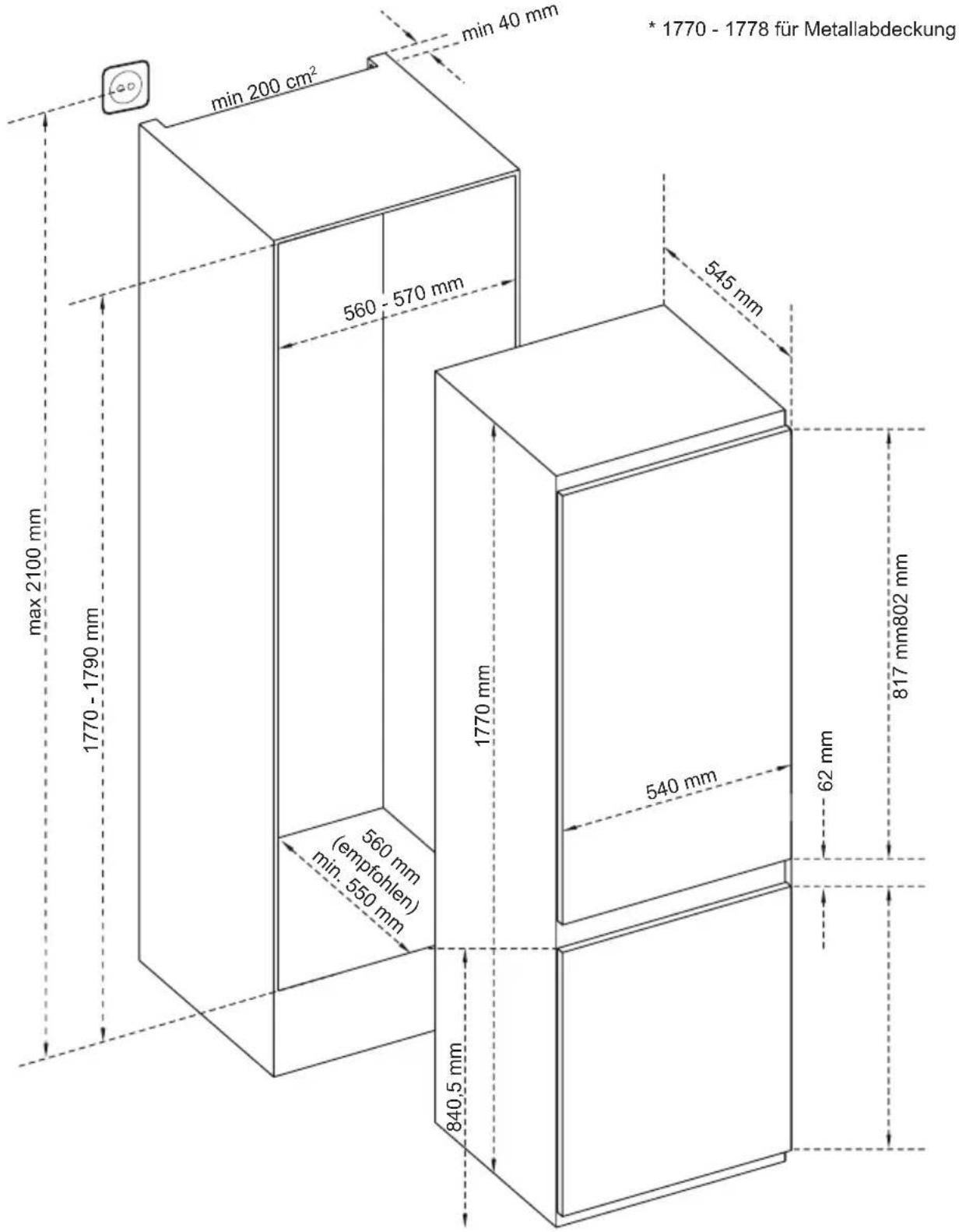 min 200 cm² min 40 mm * 1770 - 1778 für Metallabdeckung 560 - 570 mm 545 mm max 2100 mm 1770 - 1790 mm 1770 mm 560 mm (empfohlen) min. 550 mm 540 mm 62 mm 817 mm802 mm 840,5 mm