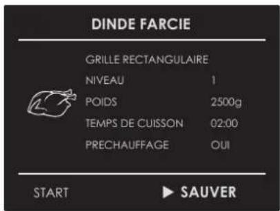 DINDE FARCIE GRILLE RECTANGULAIRE NIVEAU 1 POIDS 2500g TEMPS DE CUISSON 02:00 PRECHAUFFAGE OUI START ▶ SAUVER