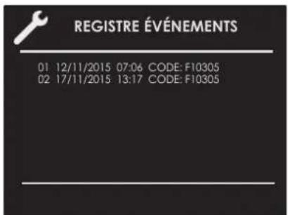 REGISTRE ÉVÉNEMENTS 01 12/11/2015 07:06 CODE: F10305 02 17/11/2015 13:17 CODE: F10305