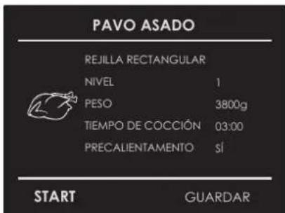 PAVO ASADO REJILLA RECTANGULAR NIVEL 1 PESO 3800g TIEMPO DE COCCIÓN 03:00 PRECALIENTAMENTO SÍ START GUARDAR