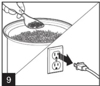 Diagram showing a spoon lifting granular material into a bowl, and a plug inserting into an electrical outlet with power connections.
