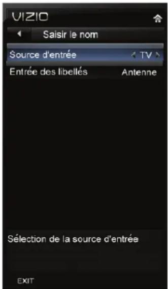 VIZIO Saisir le nom Source d'entrée TV Entrée des libellés Antenne Sélection de la source d'entrée EXIT