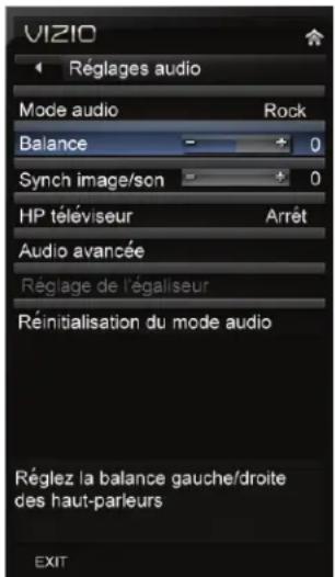 VIZIO Réglages audio Mode audio Rock Balance 0 Synch image/scan 0 HP téléviseur Arrêt Audio avancée Réglage de l'égaliseur Réinitialisation du mode audio Réglez la balance gauche/droite des haut-parleurs EXIT