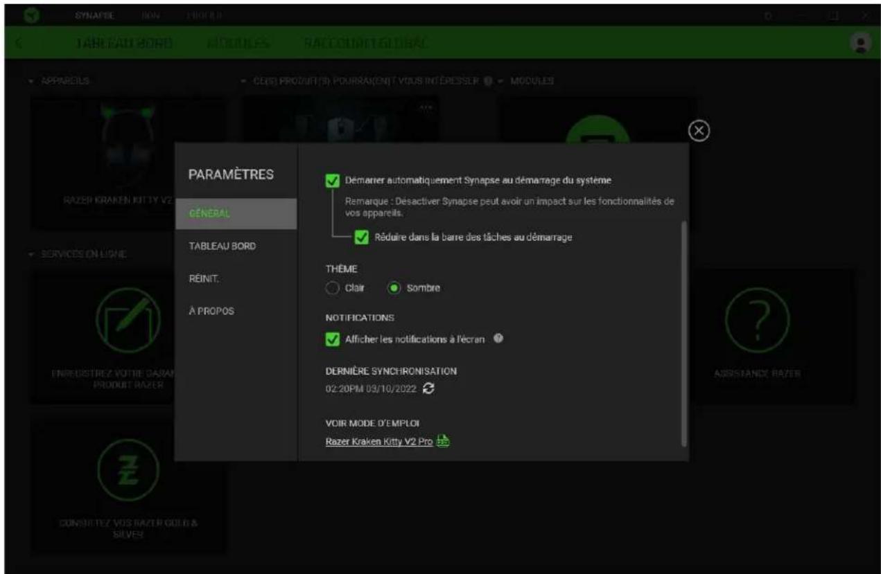 RAZER Kraken Kitty V2 Pro - Fenêtre paramètres - 1