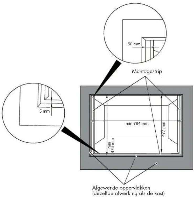 50 mm 3 mm Montagestrip min 764 mm 477 mm min 476 mm Afgewerkte oppervlakken (dezelfde afwerking als de kast)