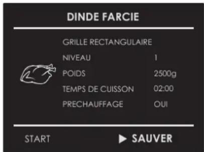 DINDE FARCIE GRILLE RECTANGULAIRE NIVEAU 1 POIDS 2500g TEMPS DE CUISSON 02:00 PRECHAUFFAGE OUI START ▶ SAUVER