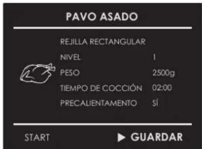 PAVO ASADO REJILLA RECTANGULAR NIVEL 1 PESO 2500g TIEMPO DE COCCIÓN 02:00 PRECALIENTAMENTO SÍ START ▶ GUARDAR