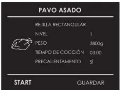 PAVO ASADO REJILLA RECTANGULAR NIVEL 1 PESO 3800g TIEMPO DE COCCIÓN 03:00 PRECALIENTAMENTO SÍ START GUARDAR