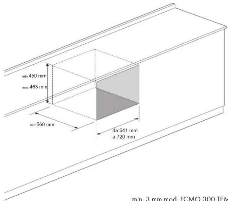 min 450 mm max 463 mm min 560 mm da 641 mm a 720 mm min. 3 mm mod. FCMO 300 TEM