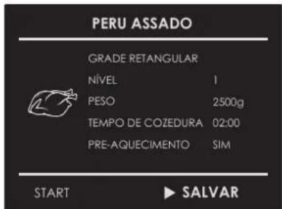 PERU ASSADO GRADE RETANGULAR NÍVEL 1 PESO 2500g TEMPO DE COZEDURA 02:00 PRE-AQUECIMENTO SIM START ▶ SALVAR
