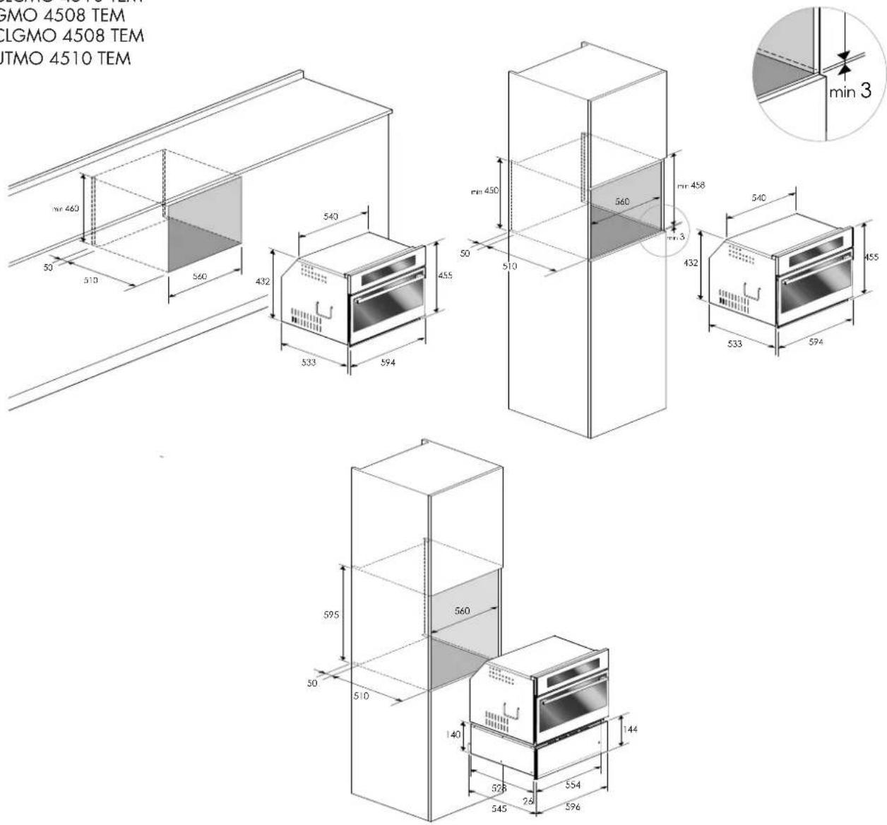 Fulgor Milano FCMO 4510 TEM - Decoupe et dimensions 60 cm - 1