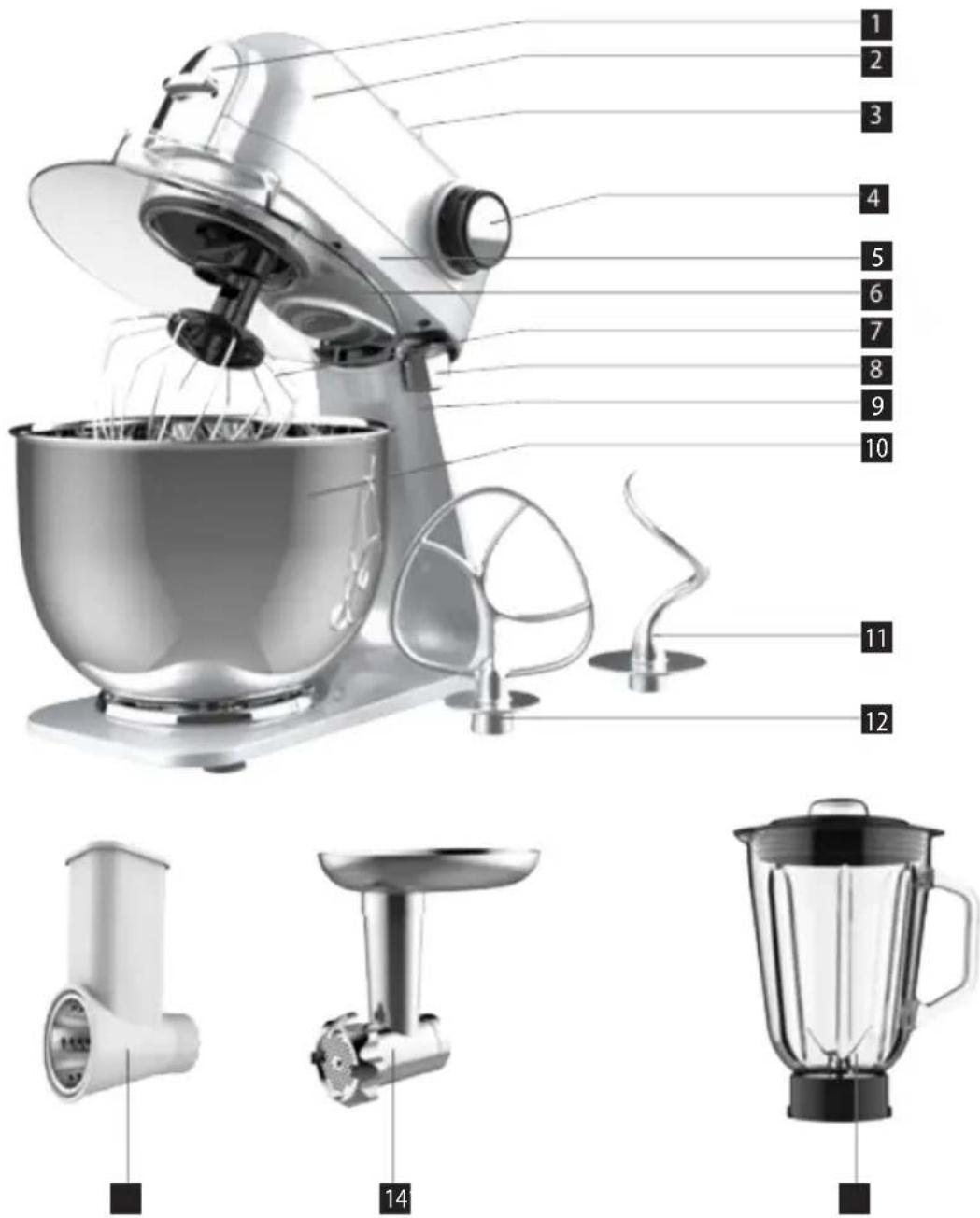 Labeled diagram of a kitchen stand mixer with numbered parts for identification