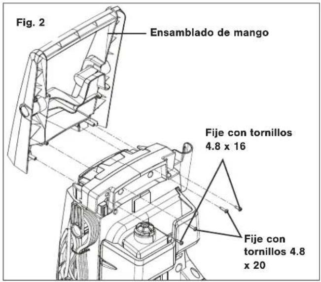 Fig. 2 Ensamblado de mango Fije con tornillos 4.8 x 16 Fije con tornillos 4.8 x 20