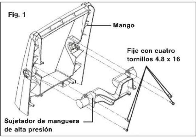 Fig. 1 Mango Fije con cuatro tornillos 4.8 x 16 Sujetador de manguera de alta presión