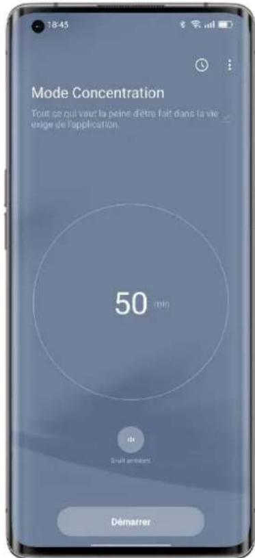 18:45 Mode Concentration Tout ce qui veut la peine être fait dans la vie engige de l'application. 50 min 3x Suit arrêtant Démarrer
